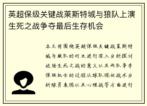 英超保级关键战莱斯特城与狼队上演生死之战争夺最后生存机会 英超保级关键战莱斯特城与狼队上演生死之战争夺最后生存机会